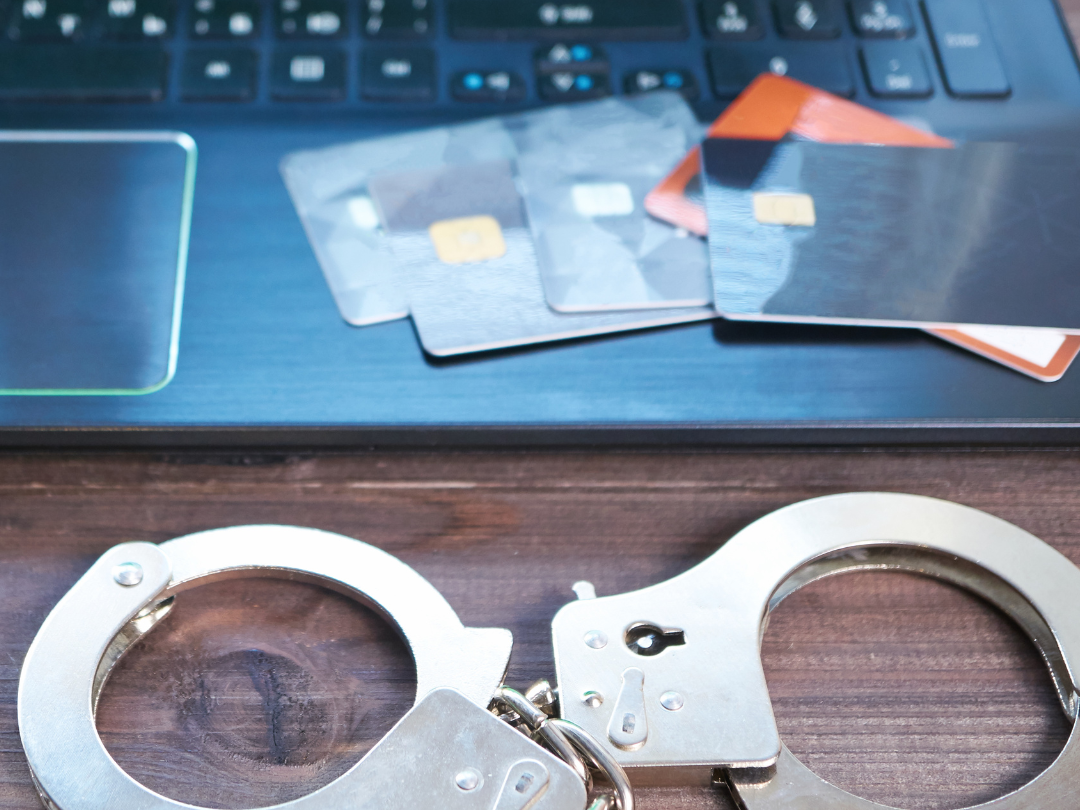 Image shows credit cards laid out on laptop. Handcuffs in front of laptop to show credit card fraud
