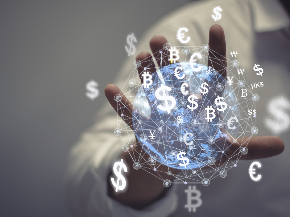 Image shows individual with hand out showing hologram of the world and currency surrounding it, e-commerce