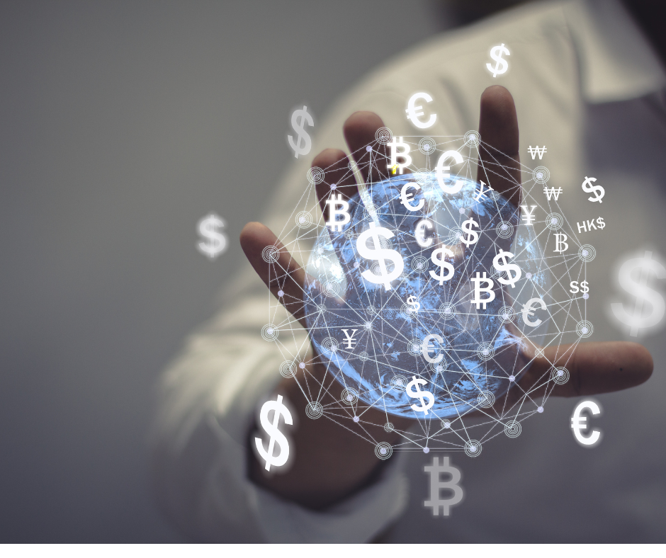 Image shows individual with hand out showing hologram of the world and currency surrounding it, e-commerce