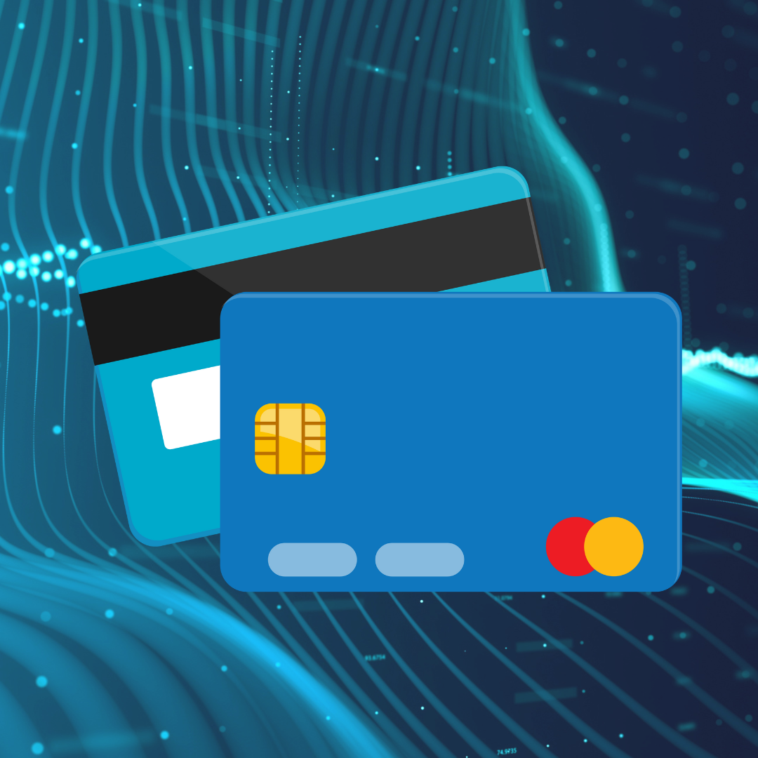 Image shows two credit cards with technology background