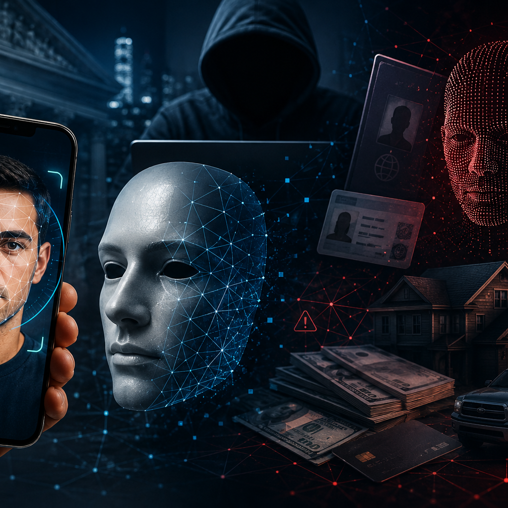 AI-powered identity fraud: facial recognition scan, deepfake mask and synthetic identity documents targeting financial institutions