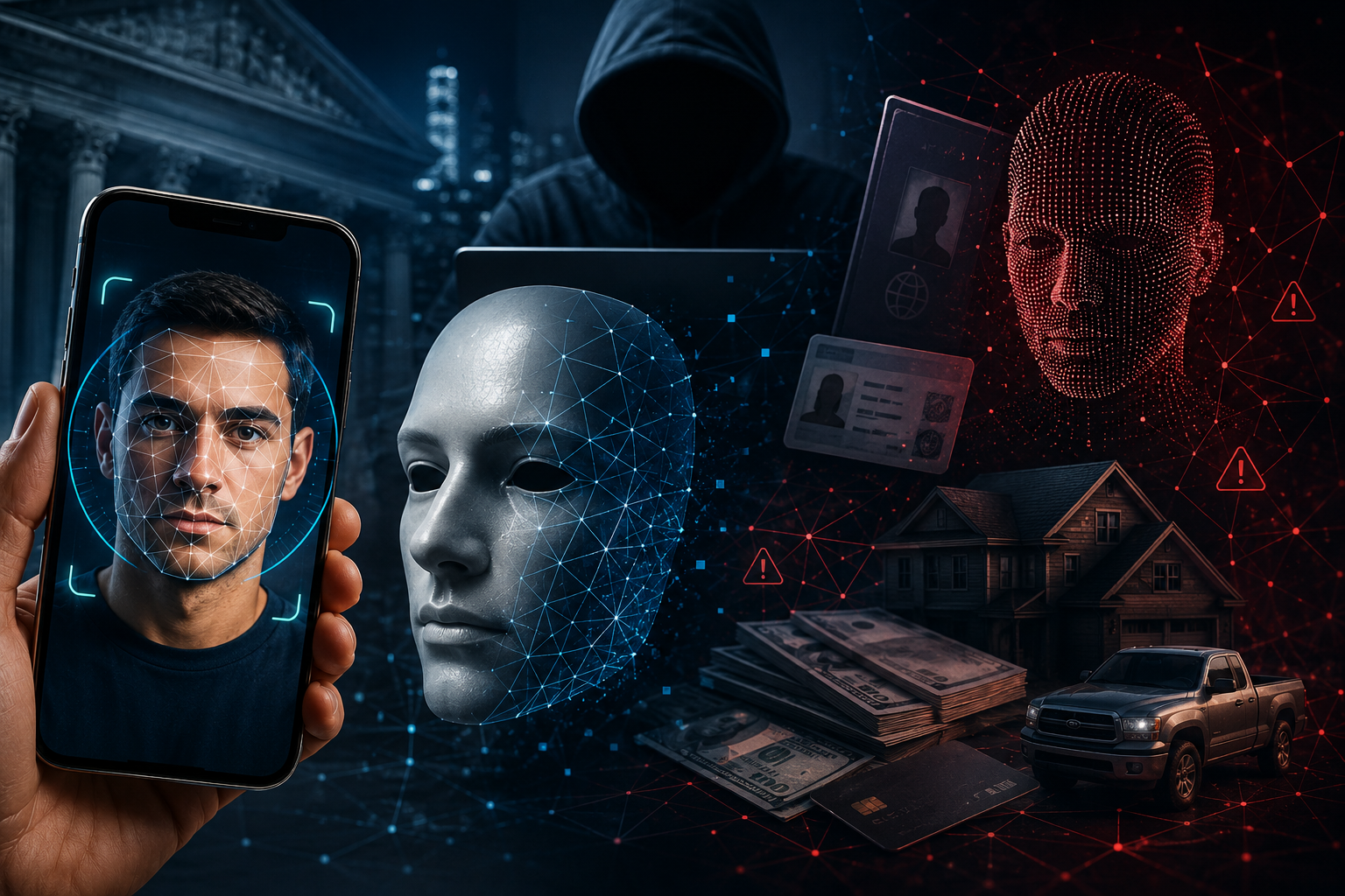 AI-powered identity fraud: facial recognition scan, deepfake mask and synthetic identity documents targeting financial institutions